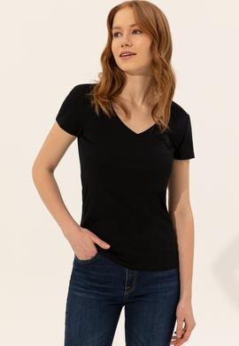 Kadın Siyah V Yaka Basic Tişört - 50246286021