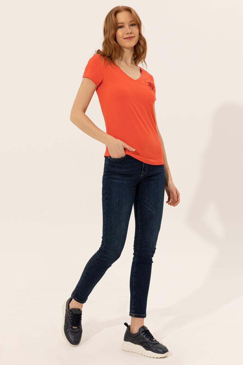 Kadın Kırmızı V Yaka Basic Tişört - 50246286029