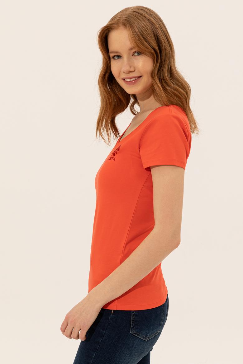 Kadın Kırmızı V Yaka Basic Tişört - 50246286029