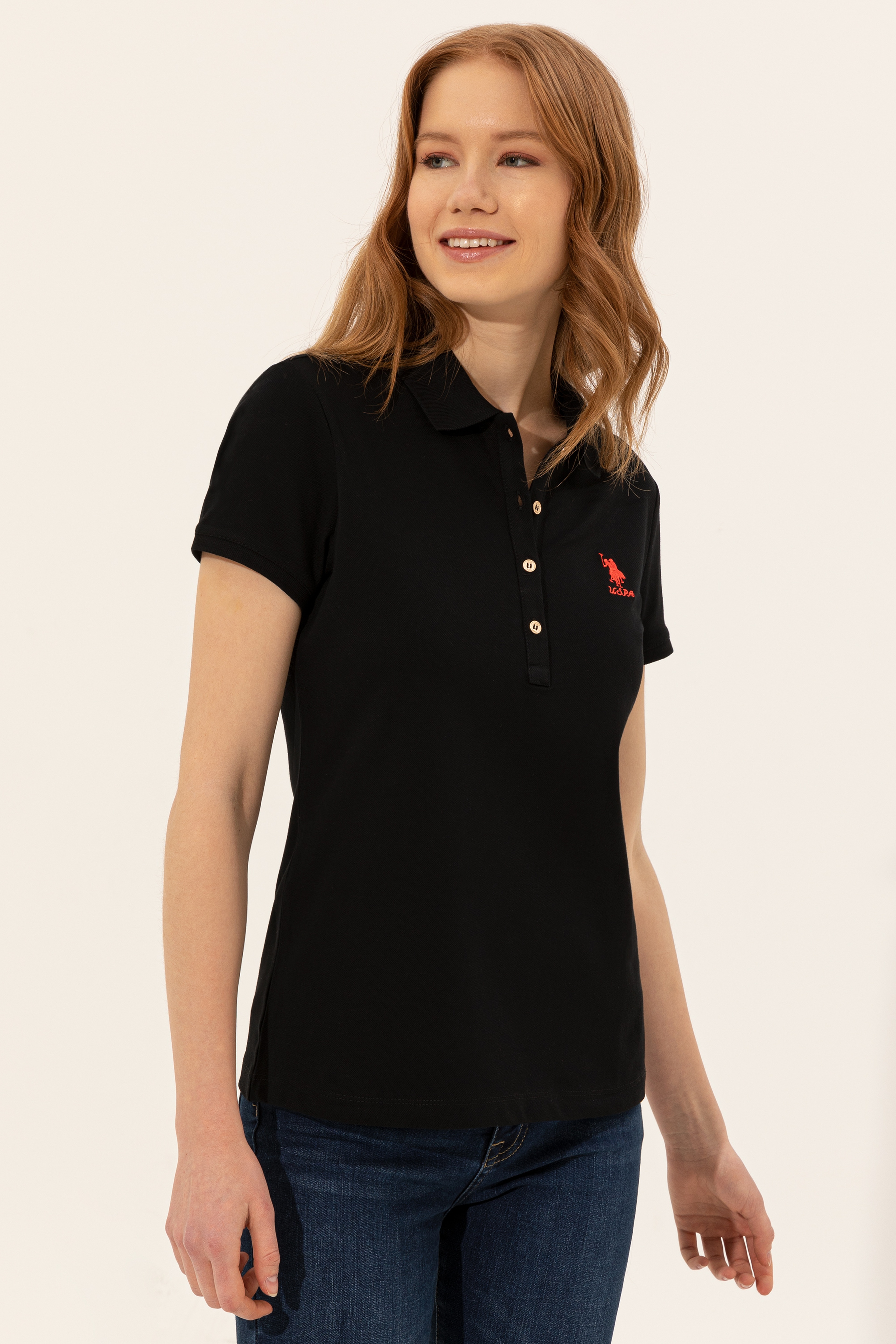 Kadın Siyah Basic Polo Yaka Tişört - Image 3