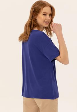 Kadın Mavi Bisiklet Yaka Tişört - 50249027030