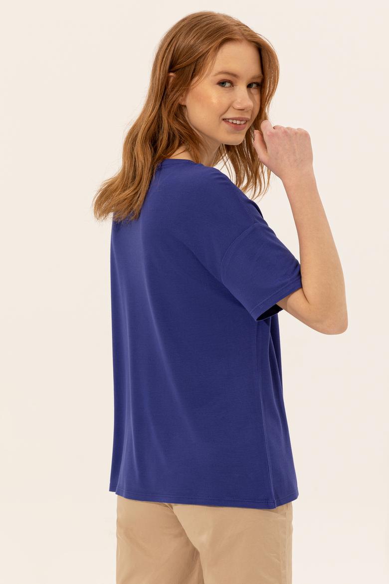 Kadın Mavi Bisiklet Yaka Tişört - 50249027030