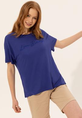 Kadın Mavi Bisiklet Yaka Tişört - 50249027030