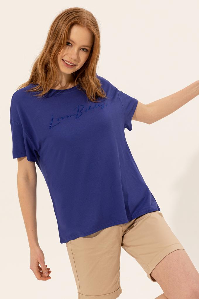 Kadın Mavi Bisiklet Yaka Tişört