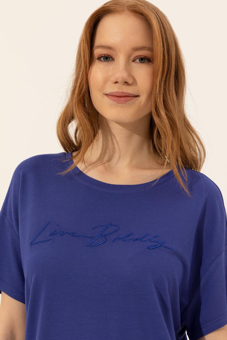 Kadın Mavi Bisiklet Yaka Tişört - 50249027030