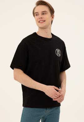 Erkek Siyah Oversize Bisiklet Yaka Tişört - 50252089031