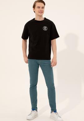 Erkek Siyah Oversize Bisiklet Yaka Tişört - 50252089031