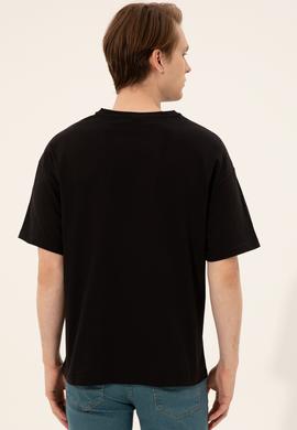 Erkek Siyah Oversize Bisiklet Yaka Tişört - 50252089031