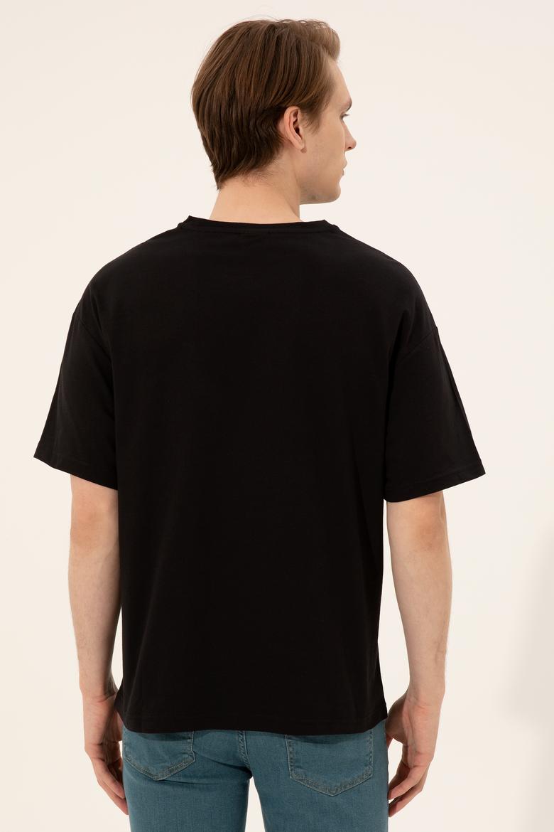 Erkek Siyah Oversize Bisiklet Yaka Tişört - 50252089031