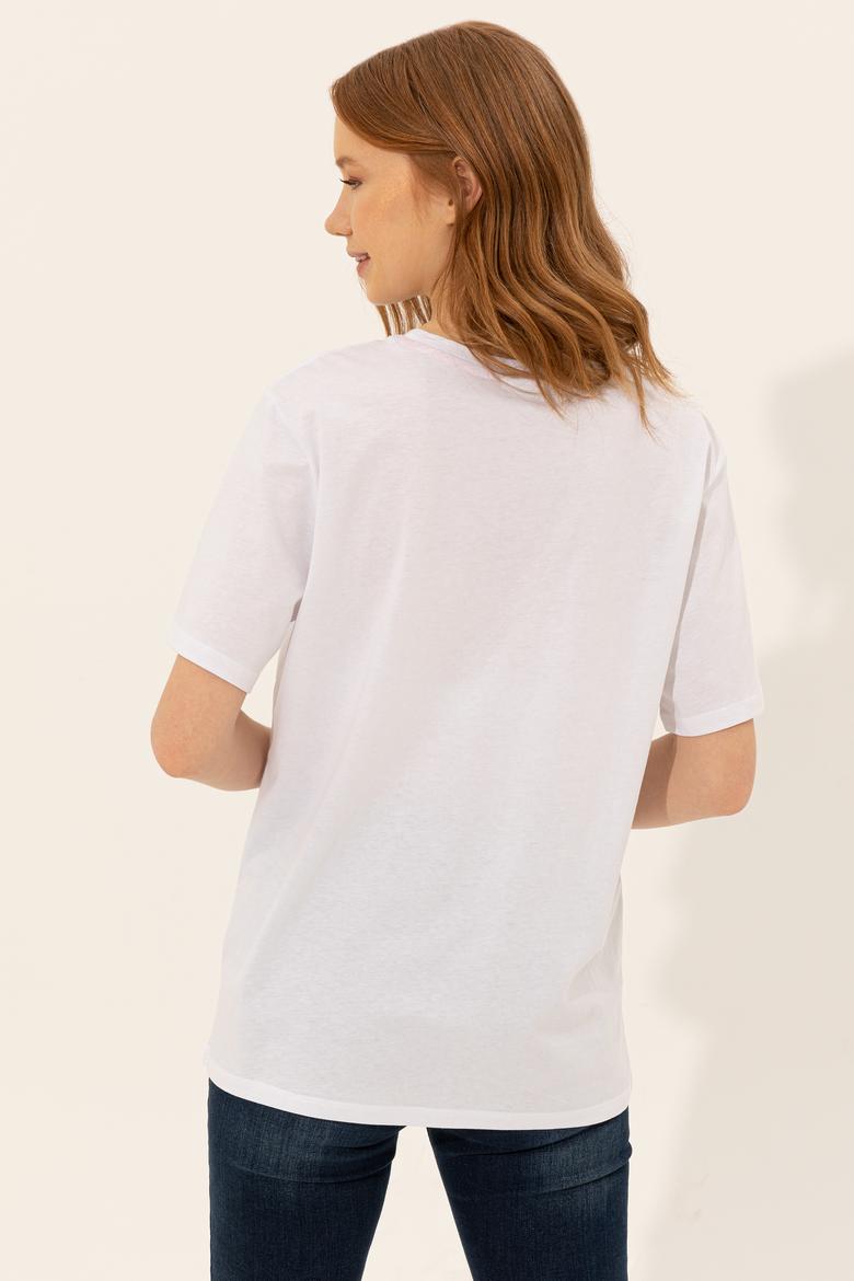 Kadın Beyaz Bisiklet Yaka Tişört - 50249001002