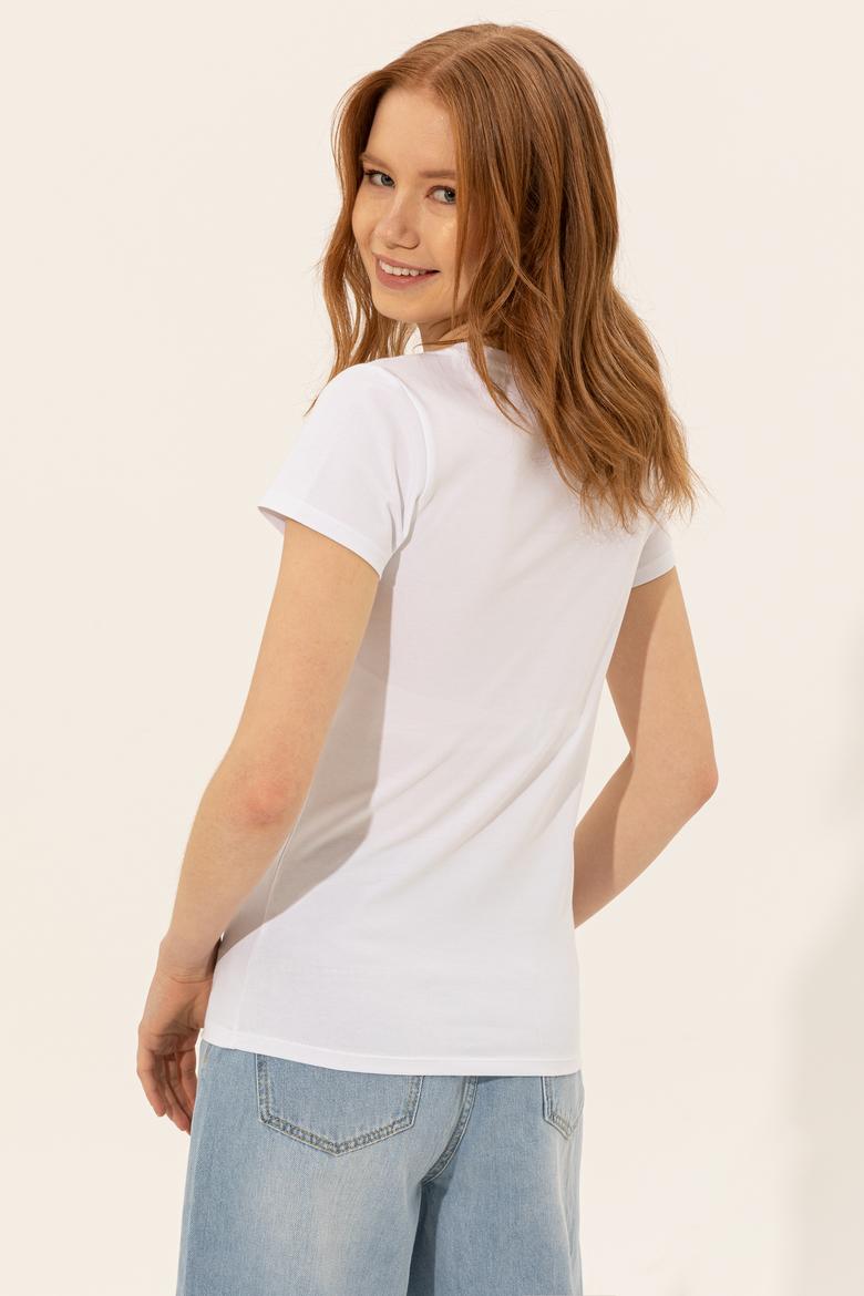 Kadın Beyaz V Yaka Basic Tişört - 50246286004