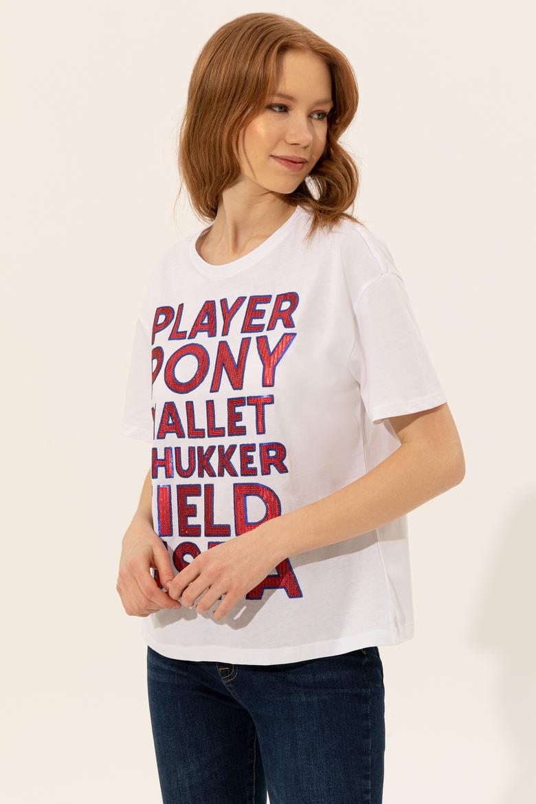 Kadın Beyaz Bisiklet Yaka Tişört - 50248978005