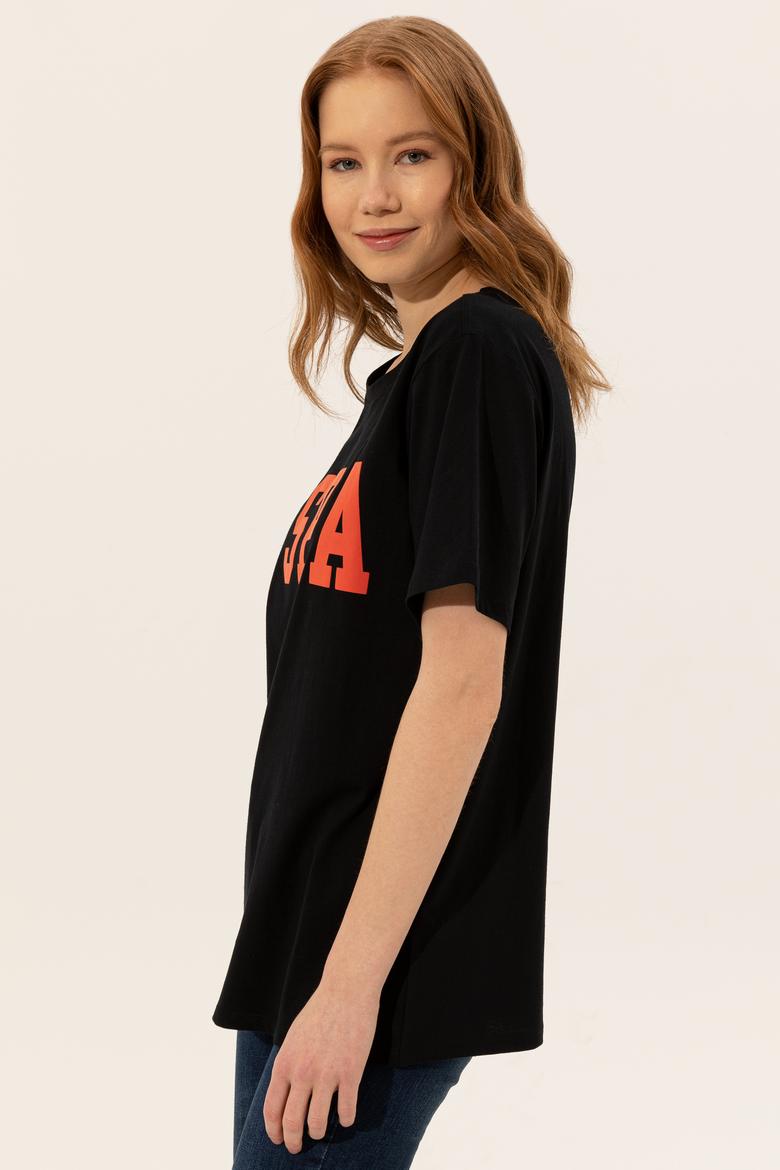 Kadın Siyah Bisiklet Yaka Tişört - 50249001056