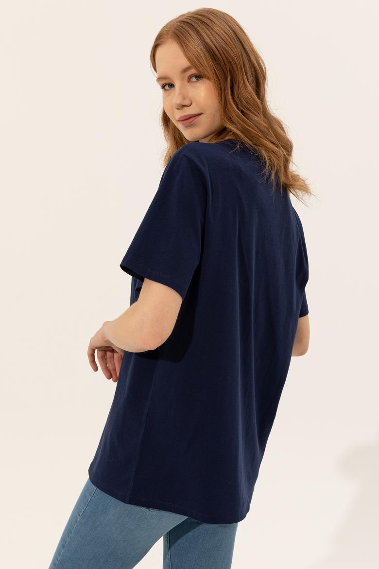 Kadın Lacivert Bisiklet Yaka Tişört - 50249001022