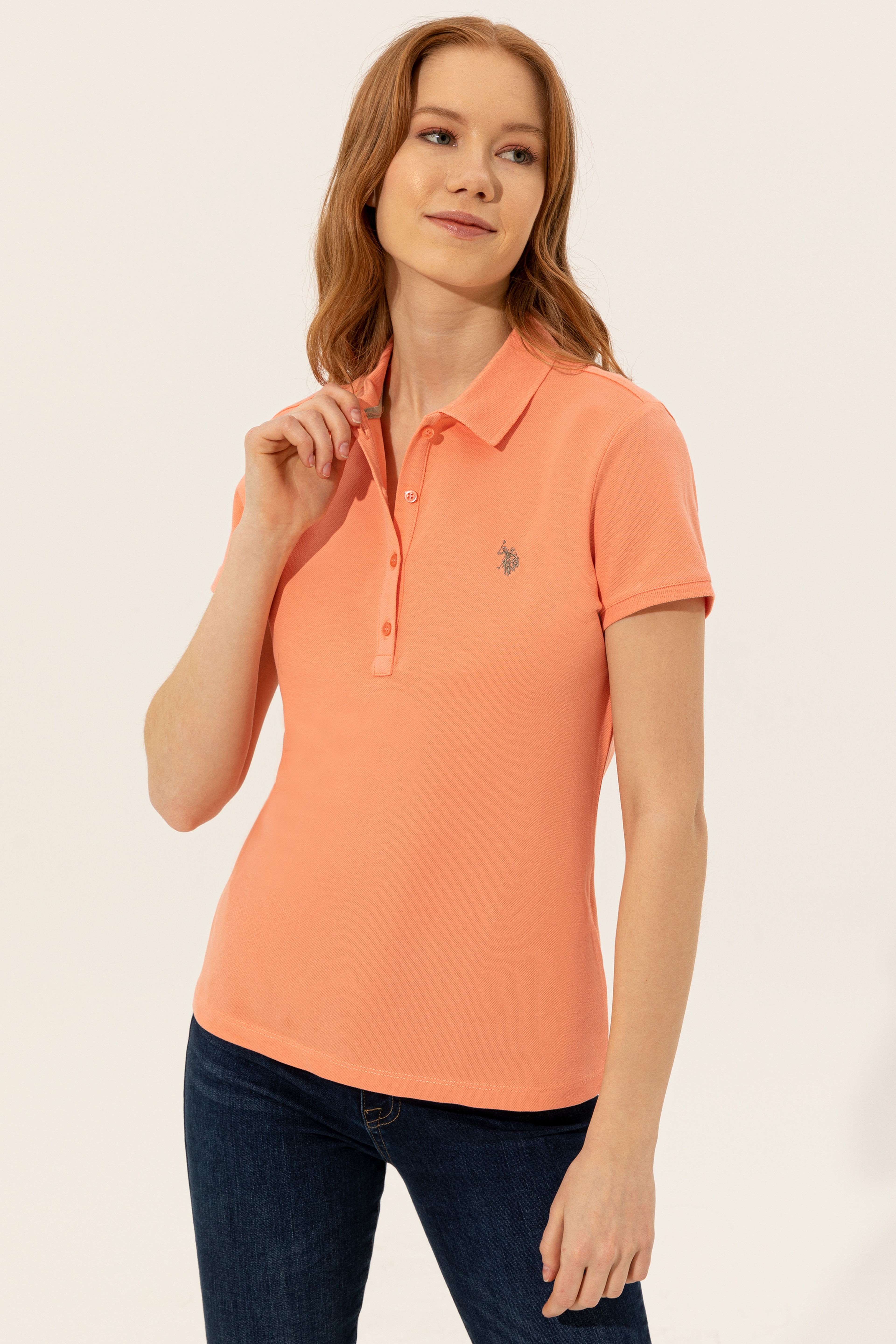 Kadın Somon Basic Polo Yaka Tişört - Image 4