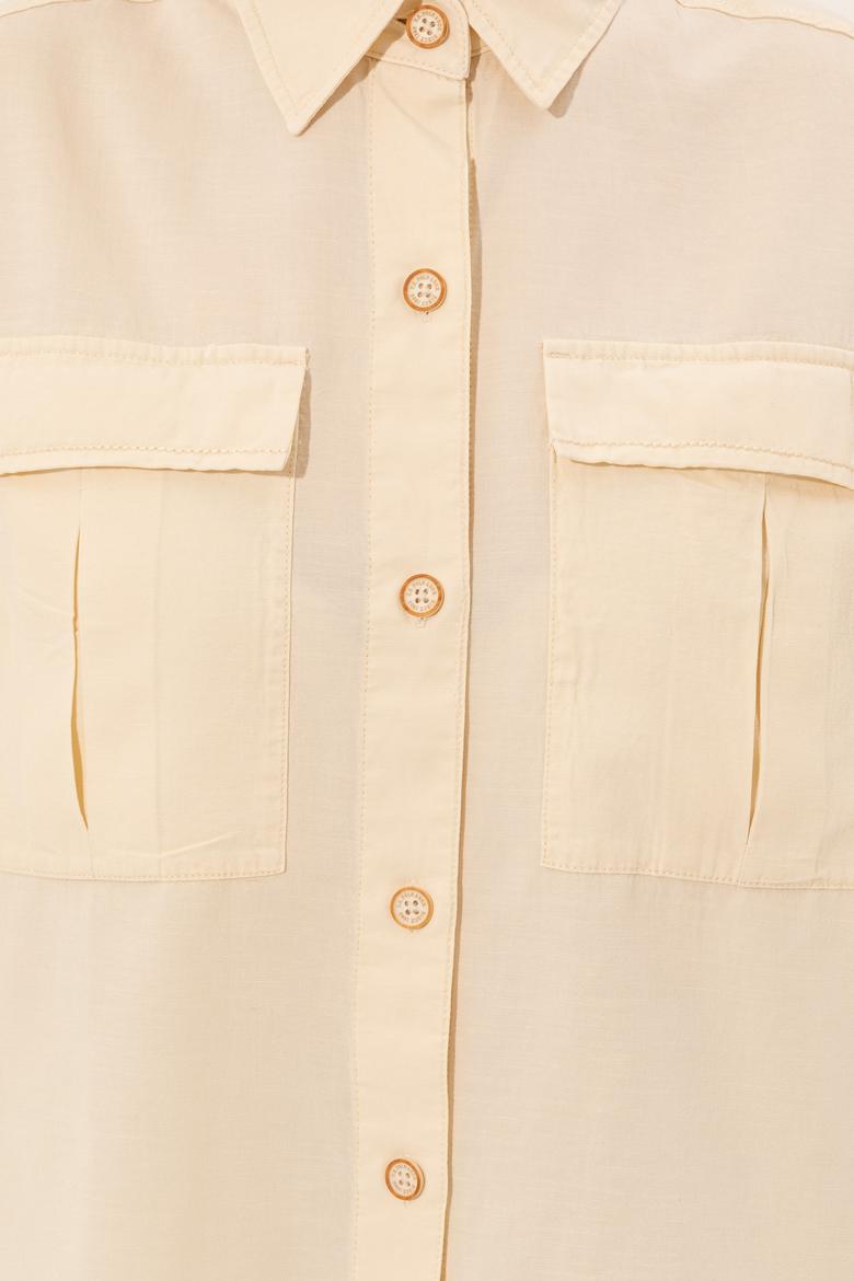 Kadın Ekru Keten Görünümlü Uzun Kollu Gömlek - 50246377030
