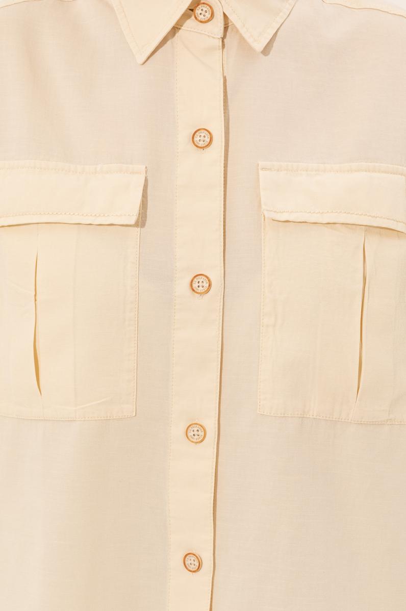 Kadın Ekru Keten Görünümlü Uzun Kollu Gömlek