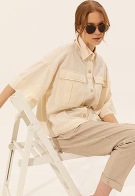 Kadın Ekru Keten Görünümlü Uzun Kollu Gömlek - 50246377030