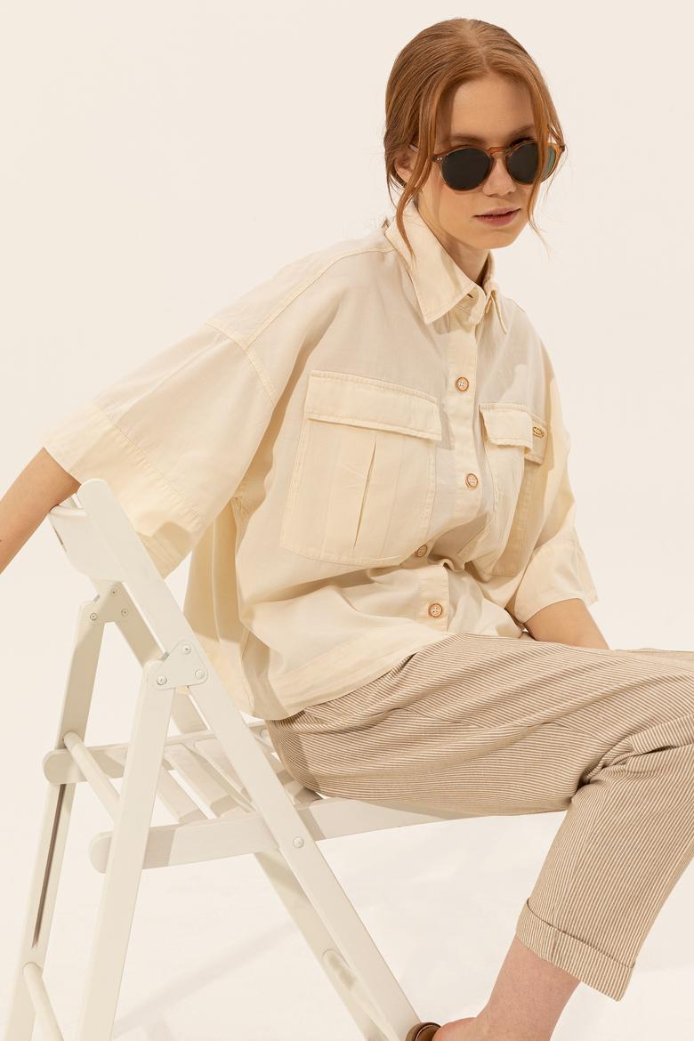 Kadın Ekru Keten Görünümlü Uzun Kollu Gömlek