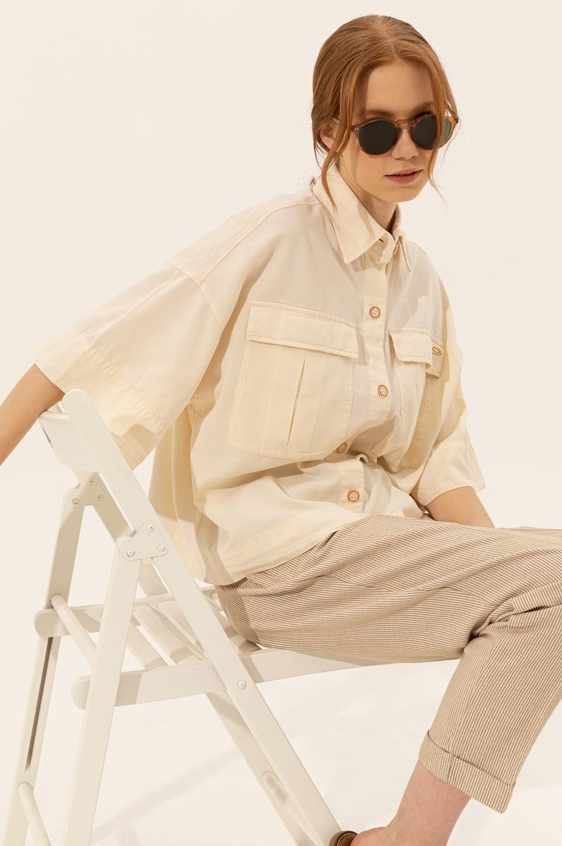 Kadın Ekru Keten Görünümlü Uzun Kollu Gömlek