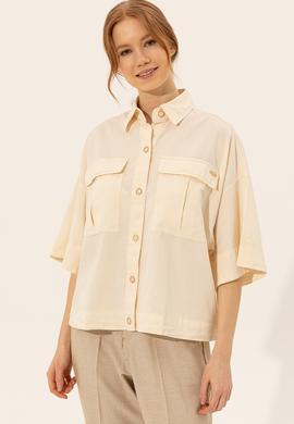 Kadın Ekru Keten Görünümlü Uzun Kollu Gömlek - 50246377030