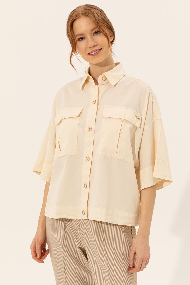 Kadın Ekru Keten Görünümlü Uzun Kollu Gömlek - 50246377030