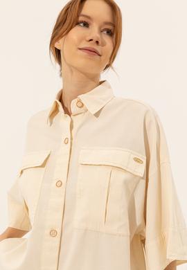 Kadın Ekru Keten Görünümlü Uzun Kollu Gömlek - 50246377030