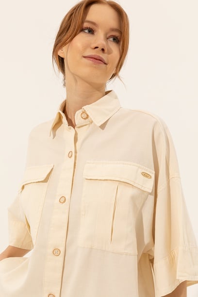 Kadın Ekru Keten Görünümlü Uzun Kollu Gömlek