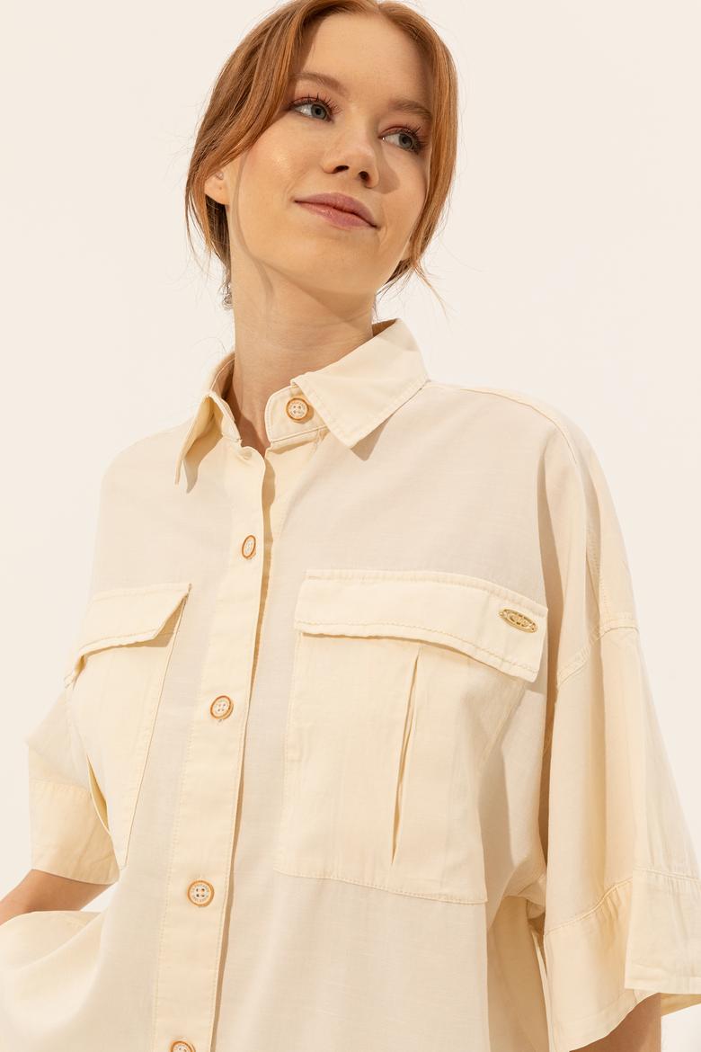 Kadın Ekru Keten Görünümlü Uzun Kollu Gömlek - 50246377030