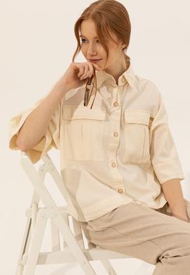 Kadın Ekru Keten Görünümlü Uzun Kollu Gömlek - 50246377030