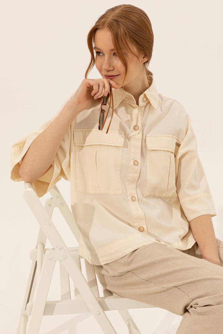 Kadın Ekru Keten Görünümlü Uzun Kollu Gömlek - 50246377030