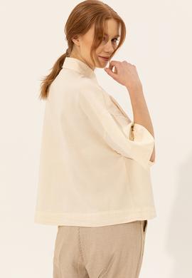 Kadın Ekru Keten Görünümlü Uzun Kollu Gömlek - 50246377030