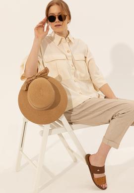 Kadın Ekru Keten Görünümlü Uzun Kollu Gömlek - 50246377030