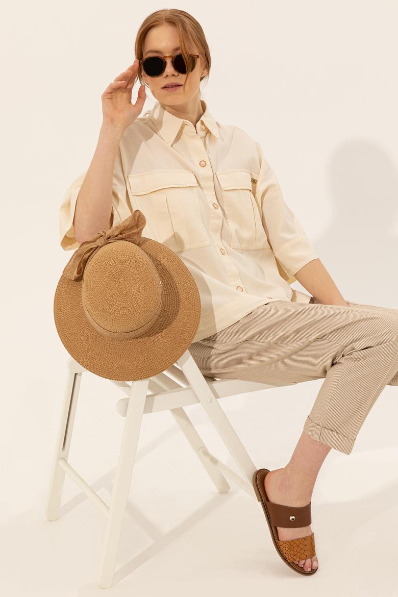 Kadın Ekru Keten Görünümlü Uzun Kollu Gömlek - 50246377030