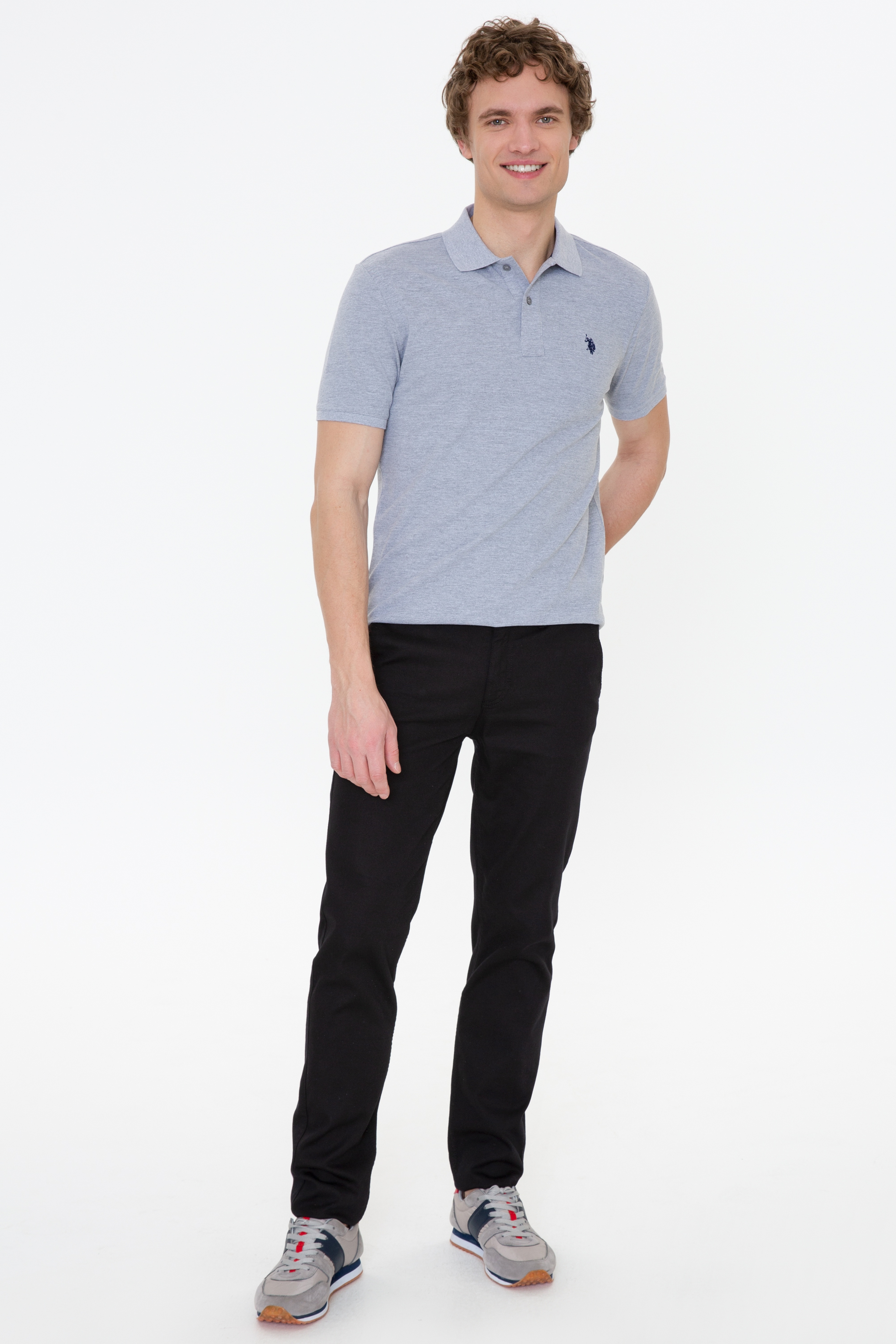 Erkek Gri Melanj Basic Polo Yaka Tişört