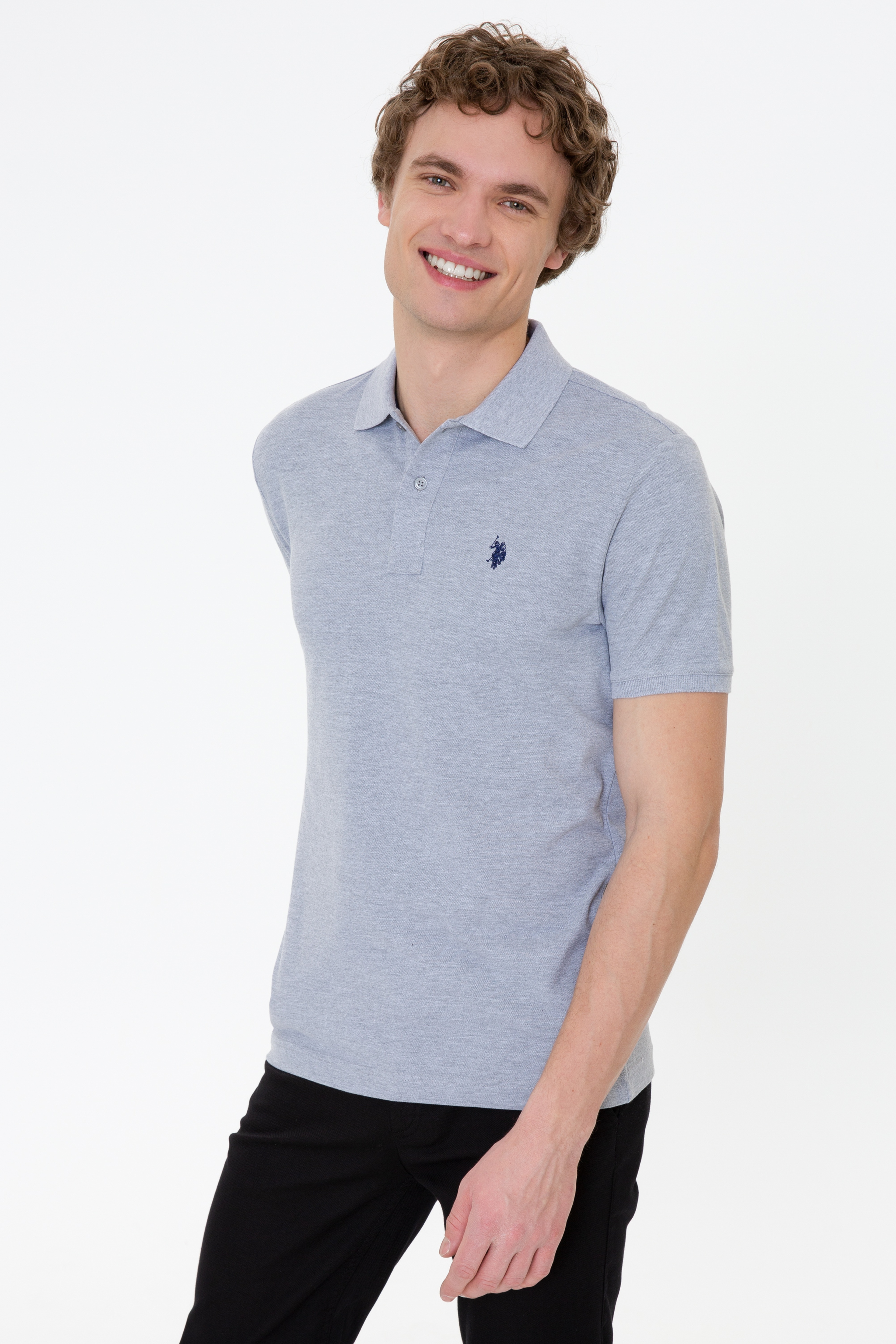 Erkek Gri Melanj Basic Polo Yaka Tişört - Image 3