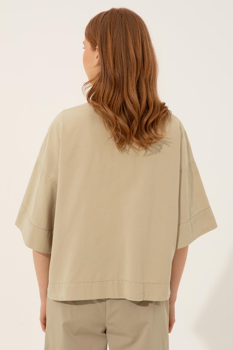 Kadın Taş Keten Görünümlü Uzun Kollu Gömlek - 50246377008