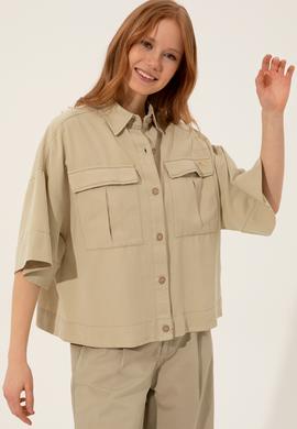 Kadın Taş Keten Görünümlü Uzun Kollu Gömlek - 50246377008