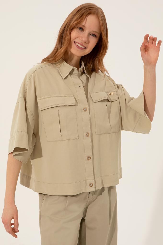 Kadın Taş Keten Görünümlü Uzun Kollu Gömlek