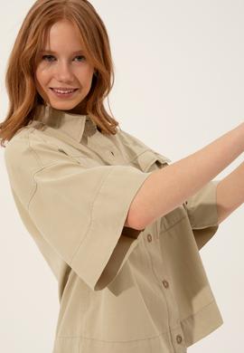 Kadın Taş Keten Görünümlü Uzun Kollu Gömlek - 50246377008