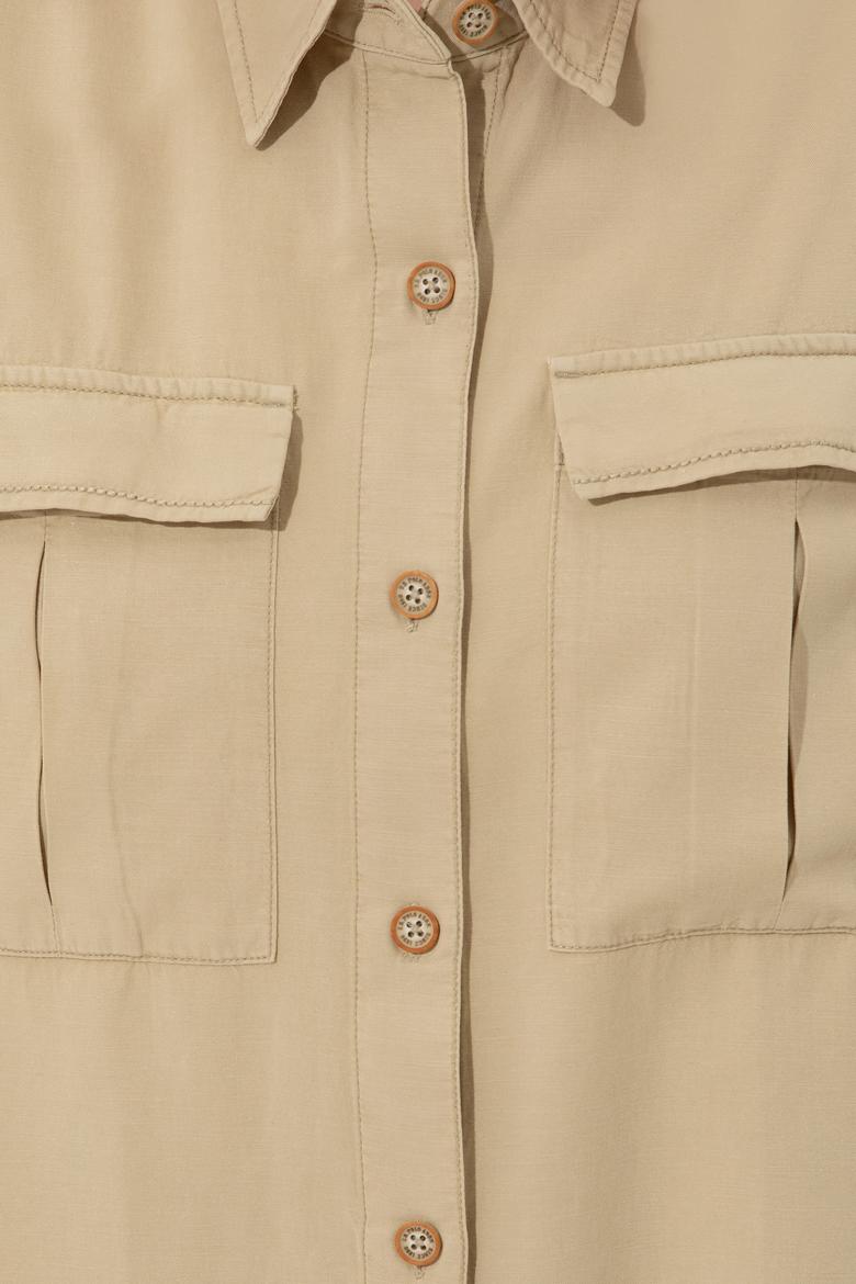 Kadın Taş Keten Görünümlü Uzun Kollu Gömlek - 50246377008