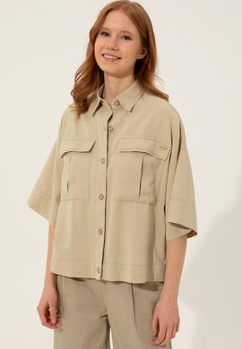 Kadın Taş Keten Görünümlü Uzun Kollu Gömlek - 50246377008