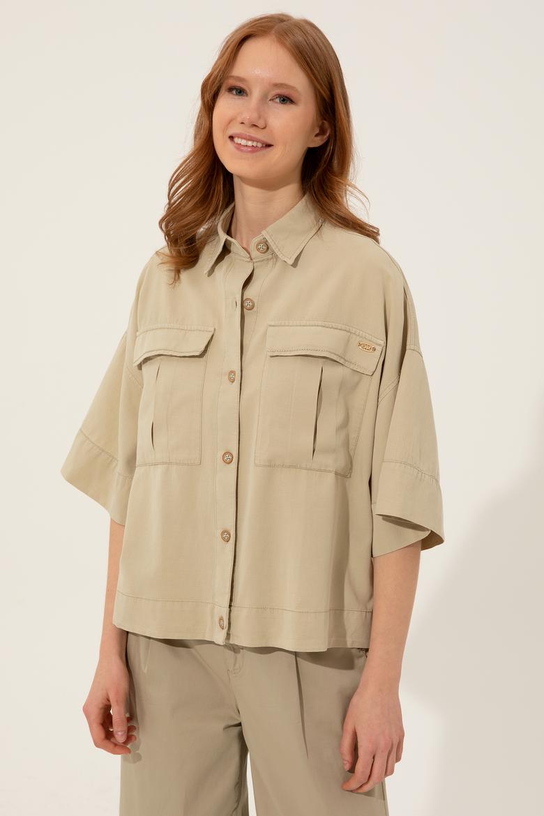 Kadın Taş Keten Görünümlü Uzun Kollu Gömlek - 50246377008