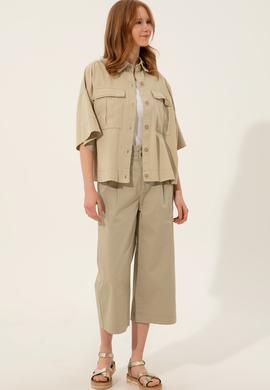 Kadın Taş Keten Görünümlü Uzun Kollu Gömlek - 50246377008