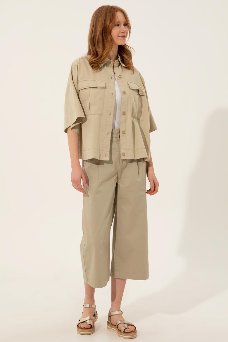 Kadın Taş Keten Görünümlü Uzun Kollu Gömlek - 50246377008