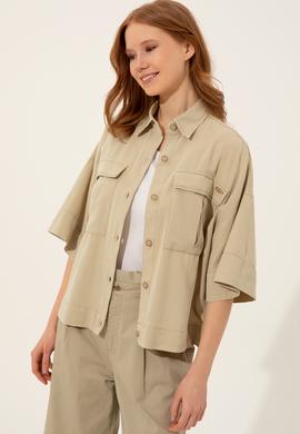 Kadın Taş Keten Görünümlü Uzun Kollu Gömlek - 50246377008