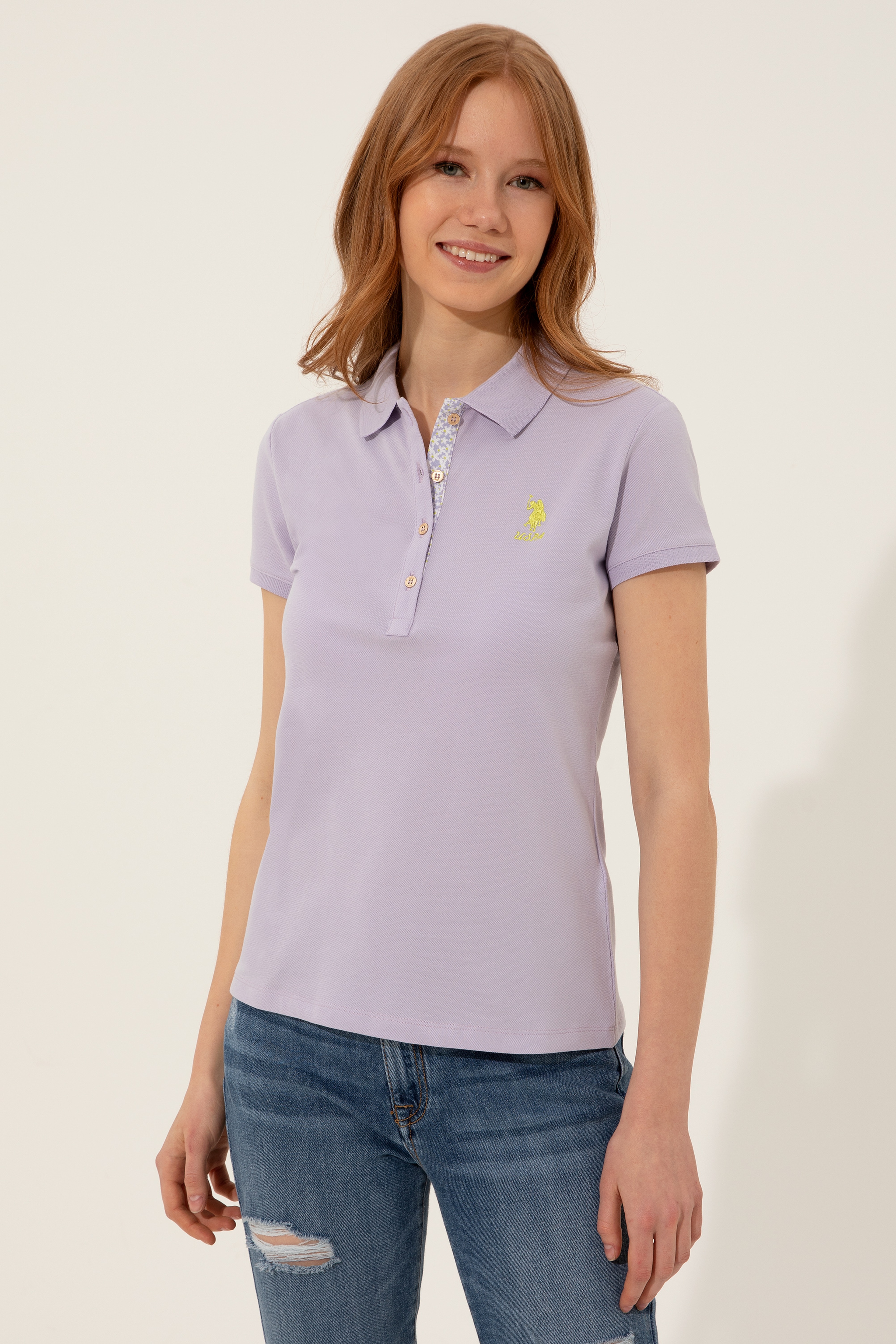 Kadın Lila Basic Polo Yaka Tişört - Image 3