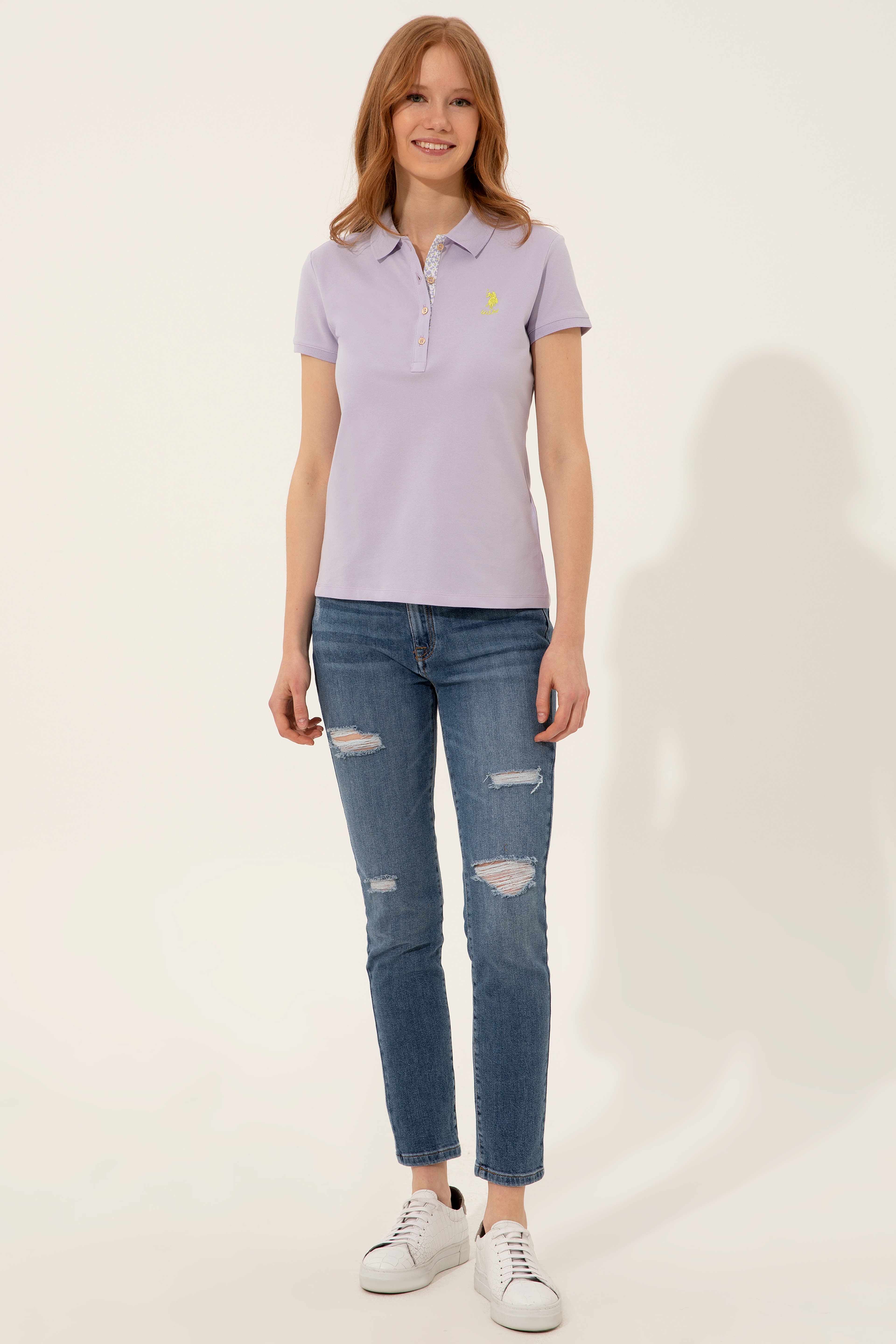 Kadın Lila Basic Polo Yaka Tişört - Image 4