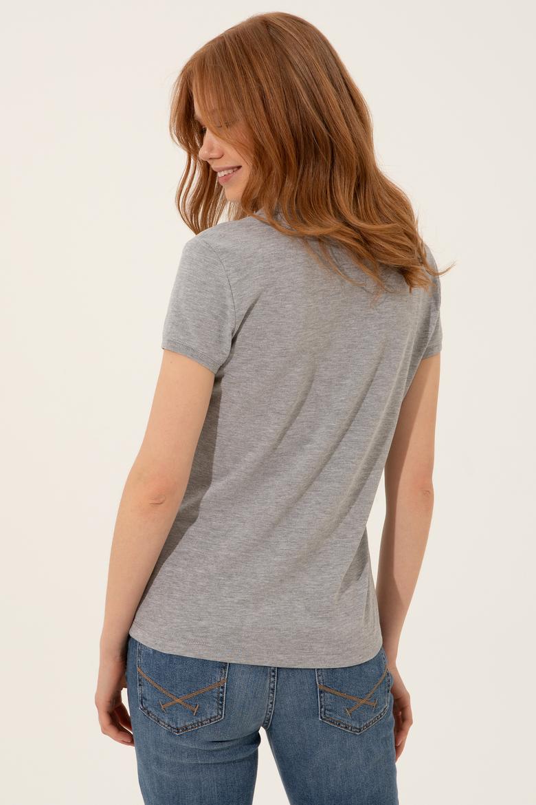 Kadın Gri Melanj Basic Polo Yaka Tişört - 50246287151