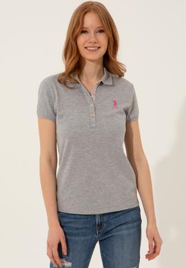 Kadın Gri Melanj Basic Polo Yaka Tişört - 50246287151